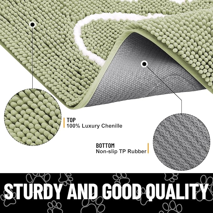 Smiry Dog Door Mat for Muddy Paws, Absorbent Dirt Trapper Non Slip Quick Dry Washable Chenille Mat for Mud Dogs, Entry Rug for Indoor and Outdoor (47x24 Inches, Sage Green and White)