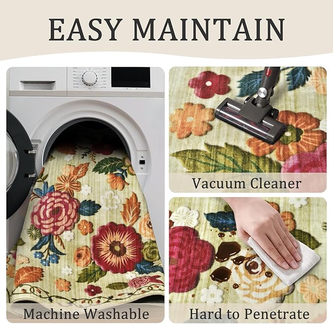 4ft Round Machine Washable Area Rug for Living Room, Green Vintage Boho Floral Rug Large Non-Slip Low Pile Soft Faux Wool Carpet, Kids and Pets Friendly for Bedroom Nursery Farmhouse Home Decor Rug