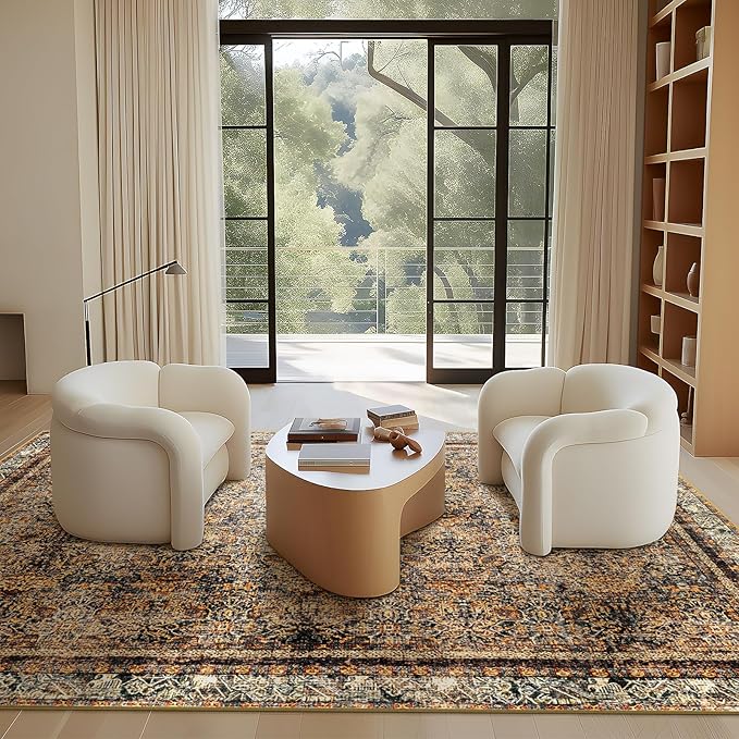 Phantoscope Washable Area Rug 9'x12' Non-Slip, Vintage Neutral Rugs for Living Room, Bedroom, Dining Room, Distressed Boho Floral Medallion Pattern, Low-Pile Foldable Carpet, Brown/Charcoal Spice