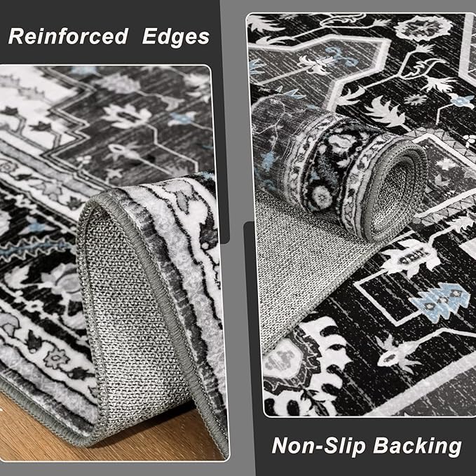 6x9 Black Grey Area Rug for Living Room, Machine Washable Rugs with Non-Slip Backing for Bedroom, Vintage Medallion Carpet Dining Room Office Kids Room Decor