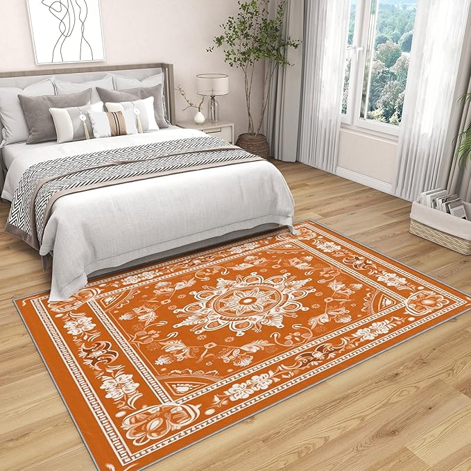 Mandala Rugs for Living Room - 7x9 ft, Vintage Floral Rug, Orange Mandala Rugs for Living Room Bedroom, Boho Medallion Washable Area Rug Soft Carpet, Meditation Boho Ethnic Home Decor & Gifts