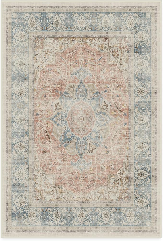 RUGGABLE Washable Vintage Area Rug – Sarrah Coral 4x6, Stain-Resistant, Non-Slip – Medium Machine Washable Rugs for Living Room, Bedroom, Hallway, Entryway & Office–with Cushioned Pad