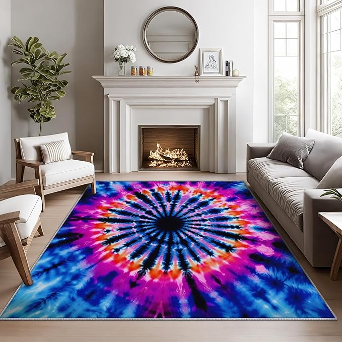 Tie Dye Rugs for Bedroom - 2x3 ft, Mandala Hippie Rug, Colorful Psychedelic Area Rug, Blue and Pink Abstract Washable Door Mat for Entryway, Kitchen, Multicolor Tie Dye Home Decor & Gifts