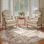 jinchan Round Rug 8ft Area Rug - Brown Vintage Floor Mat Kitchen Indoor - Washable Circle 8' Thin Floral Print Carpet Retro Farmhouse Non Slip Dining Room Living Room Bedroom Office