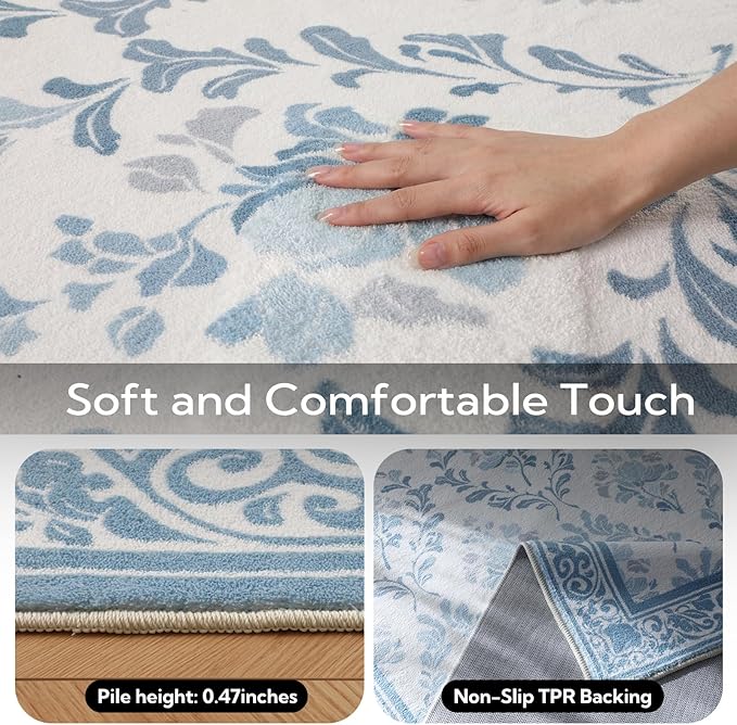 SOULFUL Medium Pile 2x3 Entryway Rug - Soft Underfoot Small Area Rug - Mist Blue Boho Floral - Washable Non-Slip - Perfect for Hallway Kitchen Bedroom Bathroom Indoor Entrance