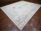 Steel Gray Pure Wool Hand Knotted Afghan Angora Oushak with All Over Pattern Natural Dyes Squarish Oriental Rug (11'9"x14')