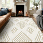 Washable 4x5 Modern Geometric Rug Living Room, Beige Abstract Diamond Design Area Rugs for Bedroom, Modern Geometric Home Decor Carpet, Low Pile, Non Slip, Kids & Pet Friendly (N4177)