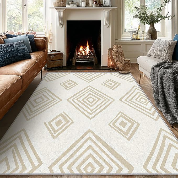 Washable 5x6 Modern Geometric Rug Living Room, Beige Abstract Diamond Design Area Rugs for Bedroom, Modern Geometric Home Decor Carpet, Low Pile, Non Slip, Kids & Pet Friendly (N4180)
