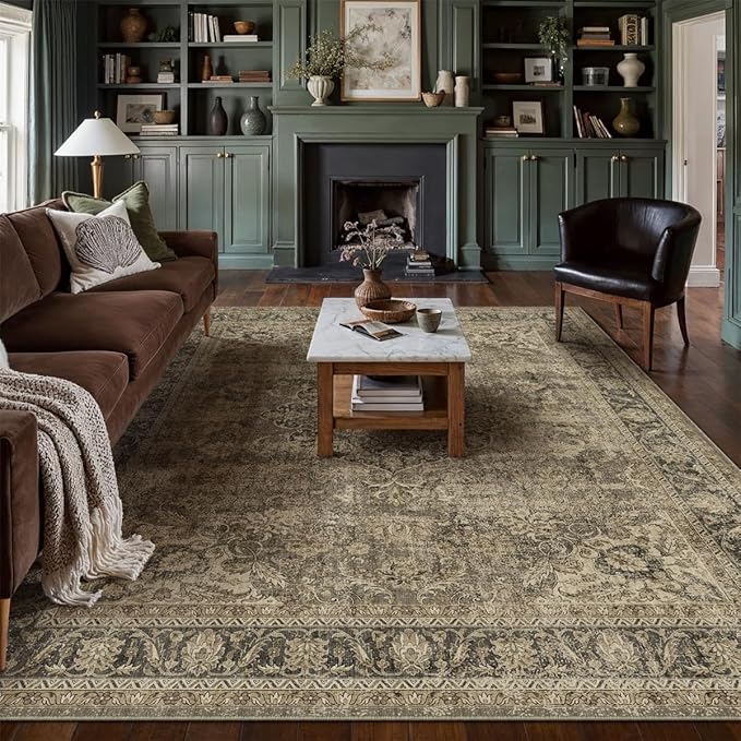 12x15 Brown Area Rug Vintage Living Room Bedroom Washable Carpet Non-Slip Soft Low Pile Distressed Extra Indoor Large Throw Rug for Dining Room Office