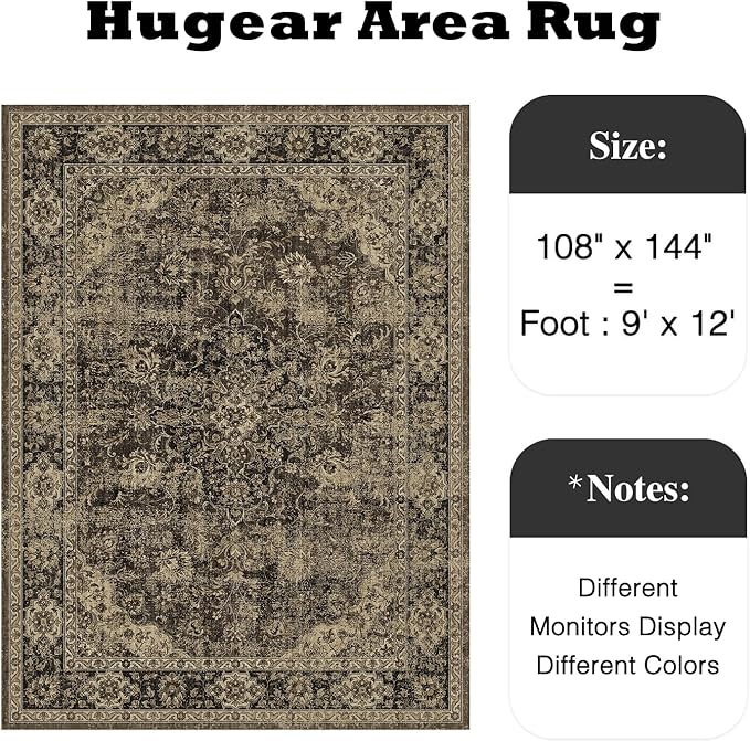 HUGEAR Retro Brown Area Rug 9x12 Machine Washable Living Room Rugs Distressed Vintage Floral Low Pile Carpet Bedroom Office Dining Room Laundry Room Non Slip Soft Lightweight