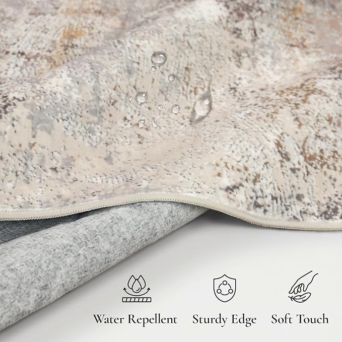 GENIMO Washable 8x10 Area Rugs for Living Room, Non Slip Modern Abstract Rug, Machine Washable Stain Resistant Low Pile Soft Carpet for Bedroom, Dining, Office, Light Grey Brown
