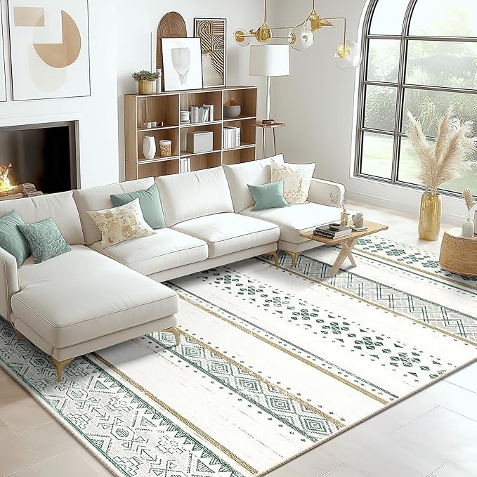 BESTSWEETIE 3x5 Area Rugs for Living Room Washable Moroccan Farmhouse Neutral Geometric Low Pile Non-Slip Soft Print Pattern Rug for Bedroom Kitchen Dining Room Entryway Green/Brown