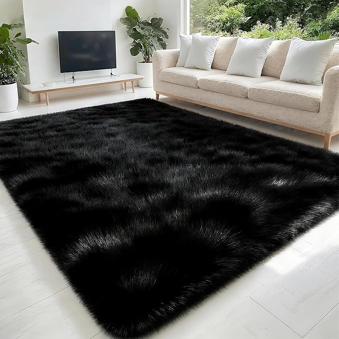 5x7 Solid Fluffy Black Area Rug – Washable, Durable,Large Living Room Rug, Non-Slip High Pile Shag Rugs for Bedroom, Bedside, Dorms, Nursery Rooms, Kids Room, Soft Indoor Floor Carpet Decor