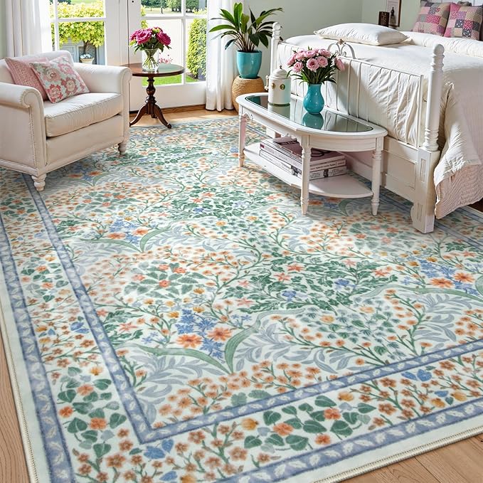 Lahome Floral Washable Rugs 8x10, Soft Green 8x10 Area Rugs for Living Room Bedroom, Boho Non-Slip Forest Stain Resistance Large Throw Carpet for Farmhouse Dining Room Office, Green
