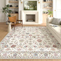 Washable Area Rug 8x10 - Large Cream Colorful Boho Rugs for Living Room Soft Vintage Bedroom Rug Ultra-Thin Traditional Floral Carpet Farmhouse Rug for Dining Room Guest Room Home Decor