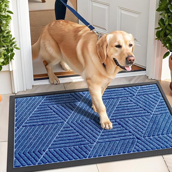 Kitinjoy Front Door Mat Outside Entrance, Sturdy Natural Dirt Trapper, Heavy Duty Rubber Doormat, Low Profile Non-Slip Backing, Easy Clean Floor Mat for Indoor Outdoor Entry, 47X32 Inch, Blue