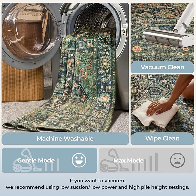Kokia 8x10 Washable Area Rugs Dark Green with Vintage Orient Design Soft Rug for Living Room or Bedroom Non-Slip Low Pile Stain Resistance Features Distressed Medallion Pattern