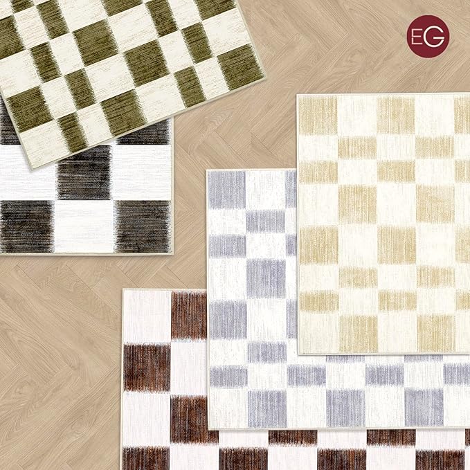 EVERGRACE Checkered Plaid Area Rug 4x6, Soft Fuzzy Faux Wool Rugs Washable Anti Slip Rugs Large Rug Carpet for Entryway Bedroom Living Room Hallway Kitchen Dining Room and Laundry Room, Beige