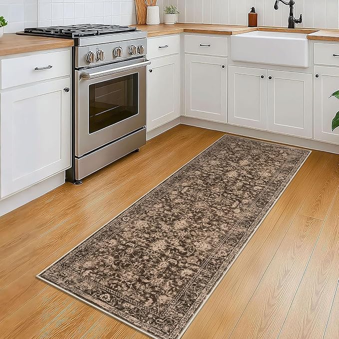 KILOCOCO Hallway Runner 2x5 Kitchen Runner Rug Printed Vintage Floral Washable Non-Slip Runners for Hallways Laundry Room Rugs Distressed Boho Rug Runners for Bedroom, Rust Brown Red