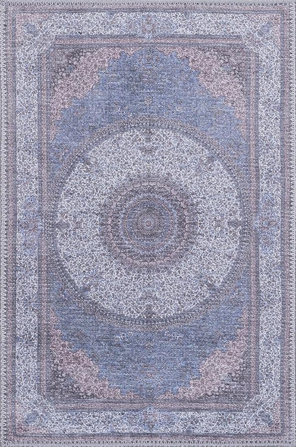 GLN Rugs Traditional Collection - Machine Washable Area Rug, Traditional Washable, Non Slip, Low Pile Chenille Rug, Living Room, Bedroom, Kitchen Rug (3' x 5' Navy/Off White)