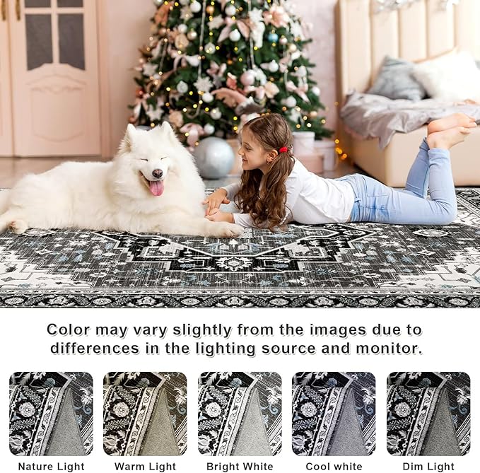 5x7 Black Grey Area Rug for Living Room, Machine Washable Rugs with Non-Slip Backing for Bedroom, Vintage Medallion Carpet Dining Room Office Kids Room Decor