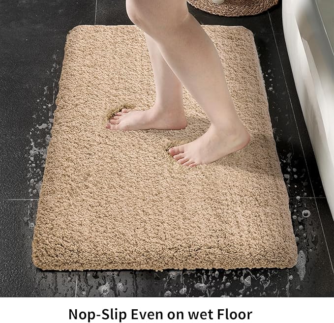 Small Bathroom Rug 17x24 Non Slip Beige Fluffy Bath Mat for Bathroom Floor Washable Plush Luxury Bath Rug for Tub Soft Shaggy Absorbent Shower Mat