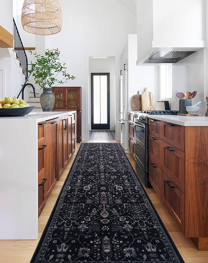 GLN Rugs Traditional Collection - Machine Washable Area Rug, Traditional Washable, Non Slip, Low Pile Chenille Rug, Living Room, Bedroom, Kitchen Rug (2'6" x 10' Black)
