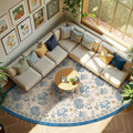 jinchan Elora Floral Corner Rug for Living Room Washable Bedroom Rug Vintage Romance Design Non Slip Quarter Circle Lightweight Low-Pile Throw Carpet for Reading Nook Playroom, 8ft Radius, Blue/Beige