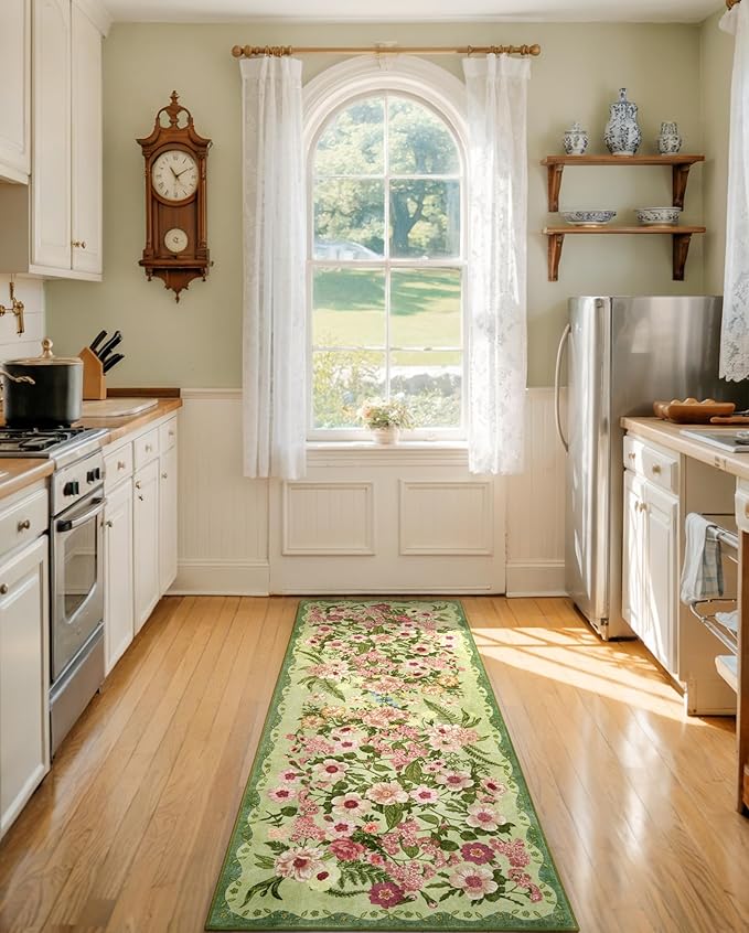 Floral Runner Rug 2x6 - Washable Vintage Bedroom Runner Rug Low Pile Non-Slip Carpet for Entryway Hallway, Laundry, Bathroom, Kitchen - Soft, Stain Resistant Indoor Area Rug - Green
