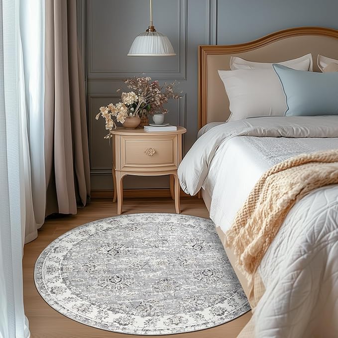 jinchan Fiora Round Rug 6ft Area Rugs Vintage Floral Distressed Design - Machine Washable Non-Slip Low-Pile Ultra-Thin Circle Rug for Entryway Bedside Living Room Dining Room Bedroom (6' Round, Grey)