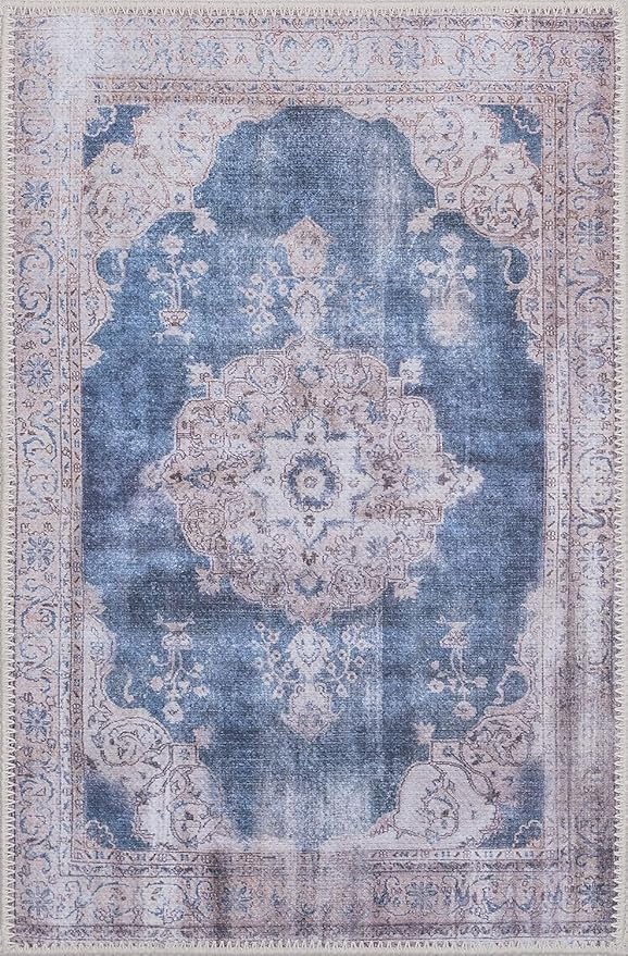 GLN Rugs Traditional Collection - Machine Washable Area Rug, Traditional Washable, Non Slip, Low Pile Chenille Rug, Living Room, Bedroom, Kitchen Rug (3' x 5' Cream/Navy)