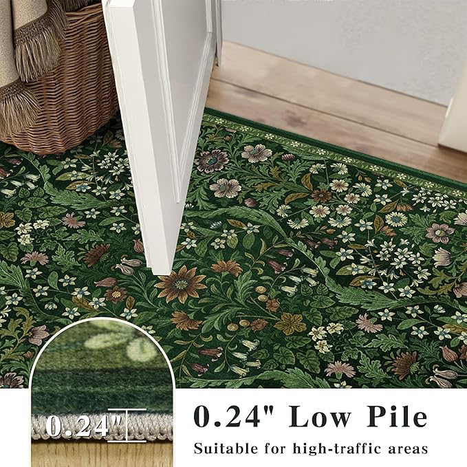 5×7 Dark Green Washable Floral Area Rug,Vintage Boho Soft Low-Pile Living Room Rugs, Stain Resistant Botanical Non-Slip Carpet for Bedroom,Dining Room, Kids Nursery,Home Decor