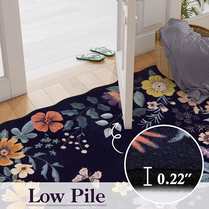 Lahome Floral Kitchen Runner, 2X6 Washable Runner Rug Non-Slip, Ultra-Thin Soft Hallway Rug Stain Resistant Boho Low-Pile Carpet for ‎Laundry Bathroom Bedroom(2x6ft,Purple)