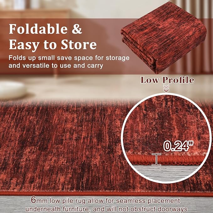 RUGSREAL 2x6 Runner Rug Washable Kitchen Runner Rug Modern Abstract Runner Mat for Hallway Contemporary Solid Rug Non-Slip Foldable Aesthetic Accent Floor Carpet for Living Room Bedroom, Red