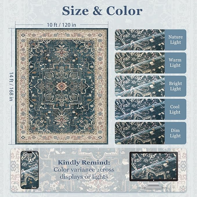 Large 10x14 Area Rugs, Washable Non Slip Big Rug for Living Room Bedroom, Distressed Medallion Vintage Big Carpet Rugs for Dinig Room Family Rooms, Low Pile Thin, Deep Blue/Multi