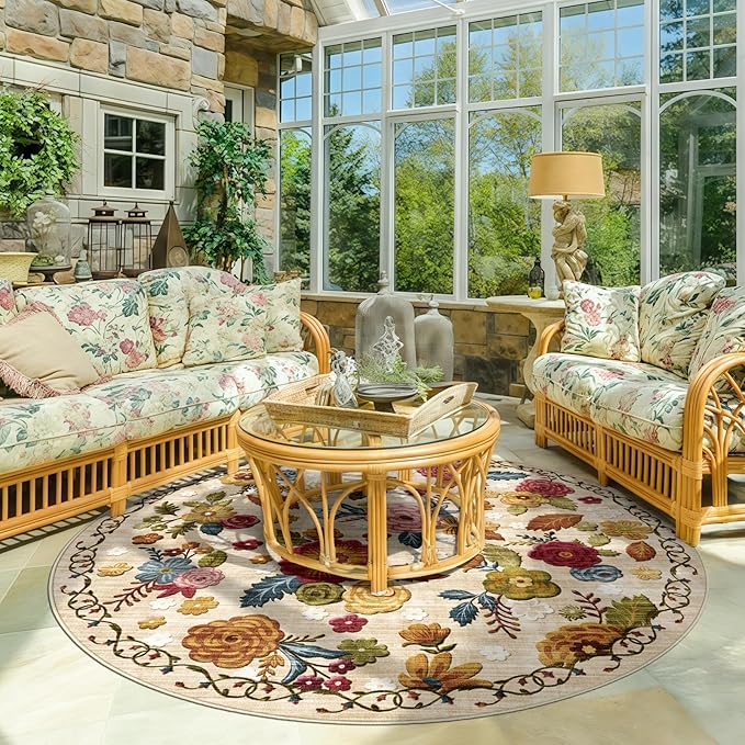 6ft Round Machine Washable Area Rug for Living Room, Beige Vintage Boho Floral Rug Large Non-Slip Low Pile Soft Faux Wool Carpet, Kids and Pets Friendly for Bedroom Nursery Farmhouse Home Decor Rug