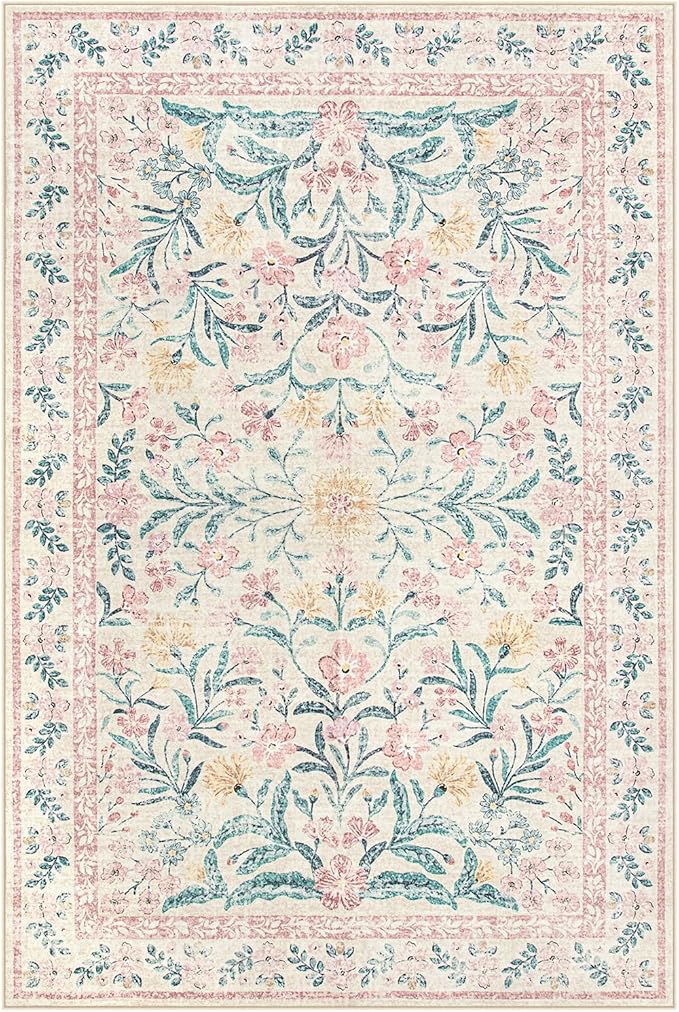 Lahome Pink Washable Rugs for Bedroom Girls 6x9, Boho Floral Living Room Rugs Non-Slip, Soft Low-Pile Nursery Carpet for Dining Room Kids Dorm Decor, Blush