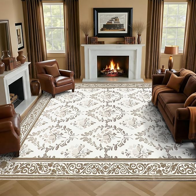 SOULFUL Medium Pile 4x6 Rugs for Living Room - Soft Underfoot Area Rug - Brown Boho Floral - Washable Non-Slip - Perfect for Bedroom Kids Room Under Dining Table Office