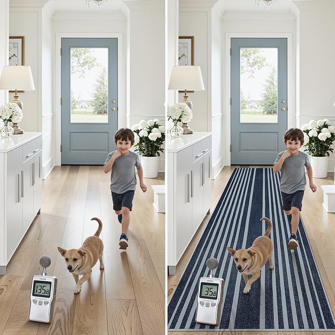 Beeiva Striped 2X6 Runner Rug for Bathroom, Washable Runners for Hallways Entryway, Blue Runner Rugs with Non Slip Rubber Backing, Soft Low Pile Floor Carpet for Indoor Kitchen Porch Bedroom