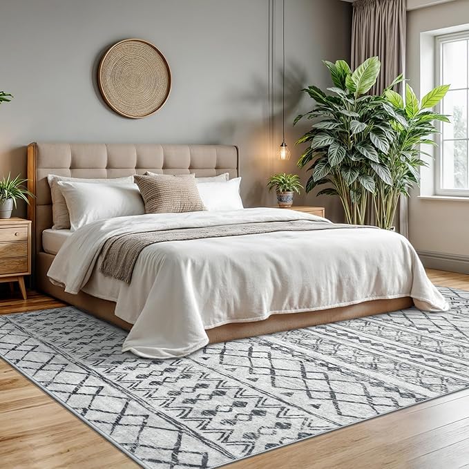 KUTA Moroccan 8x10 Rugs for Living Room Grey, Washable Boho Area Rug Non-Slip, Ultra Soft Geometric Tribal Traditional Farmhouse Carpet for Dining Room Bedroom Dorm Office Home Decor