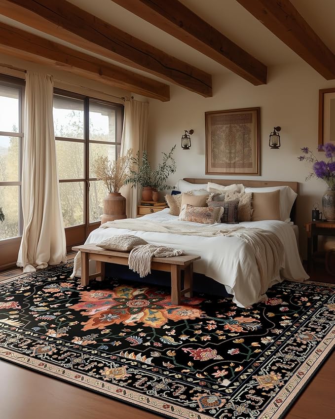 Area Rugs 10'x14' Washable Non-Slip, Floral Vintage Distress Print Pattern Medallion Carpet for Living Room Bedroom Dining Room, Black Colorful Floral Dark Tan