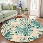 Tropical Leaf Round Area Rug 4ft - Green Beige Watercolor Design Indoor Carpet, Soft Non-Slip Floor Mat for Living Room Bedroom Office, Easy Clean Modern Decor