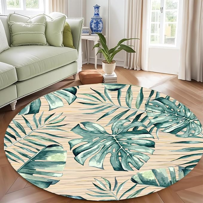 Tropical Leaf Round Area Rug 7ft - Green Beige Watercolor Design Indoor Carpet, Soft Non-Slip Floor Mat for Living Room Bedroom Office, Easy Clean Modern Decor