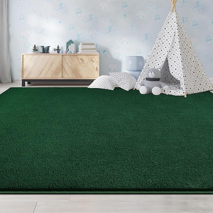 Large Area Rugs for Living Room Bedroom, 7x10 Feet Dark Green Rug, Minimalist Modern Shag Rug, Soft Thick Memory Foam Indoor Carpet, Non-Slip Washable Rug for Boys Girls Dorm Nursery Room Home Decor
