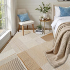 Minimalist Abstract Area Rug 5x8 Brown Boho, Modern Washable Stripe Art Rugs, Soft Non-Slip Low-Pile Carpet for Living Room, Bedroom, Kitchen, Dining Room, Pet Friendly, Non-Shedding, Beige