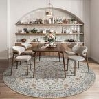 Tangsoo Vintage Round Rug 5ft, Washable Circle Rug, Non Slip Boho Round Area Rug, Low Pile Circular Rugs, Round Carpet for Bedroom,Livingroom,Nursery,Dorm,Office,Grey