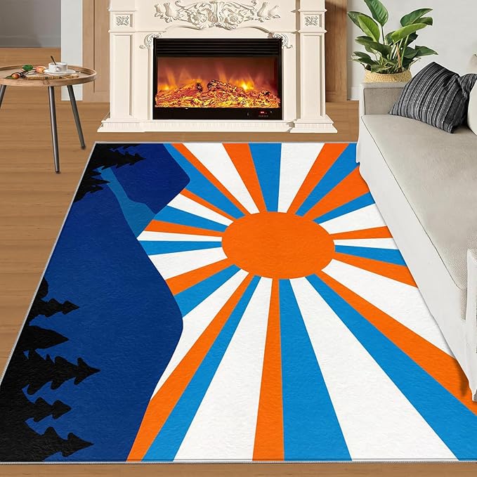 Boho Sun Area Rugs 5x7ft, Abstraction Deco Rugs for Living Room, Minimalist Sunburst Floor Rug Sturdy and Non-Shedding for Bedroom Hardwood Floors Teen Room