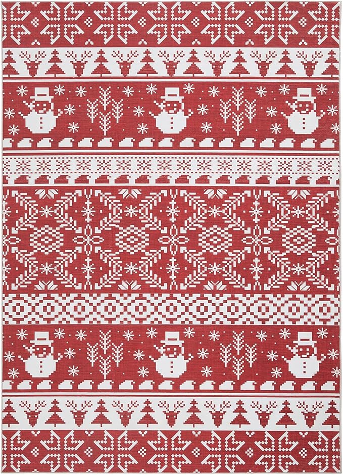 WITSHOCK Christmas Area Rugs for Living Room: 5x7 Stain Resistant Non-Slip Washable Red Snowflake Christmas Carpet, Soft Dining Room Bedroom Rugs, Indoor Decor for Home, Holiday
