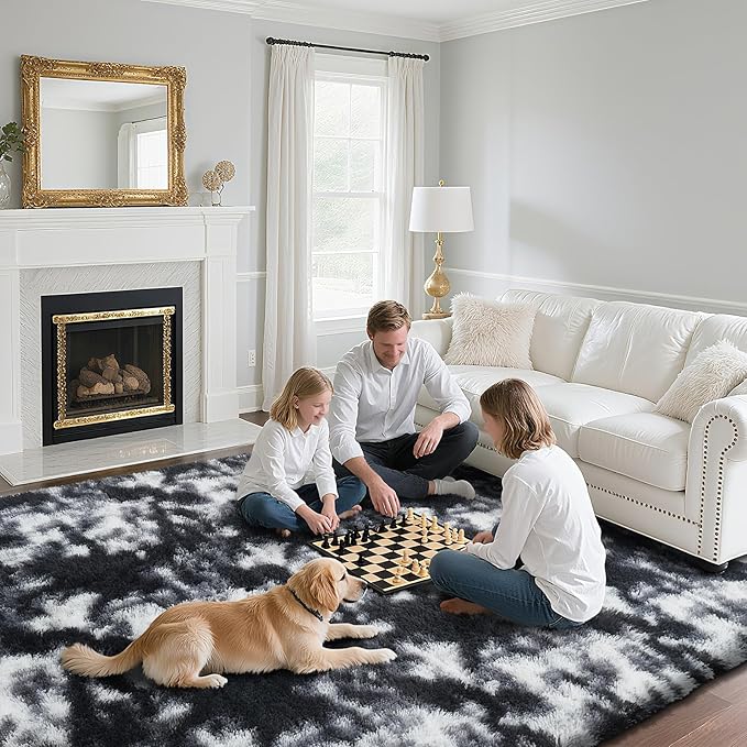 Fluffy Rug Shaggy Area Rug, Mottling Black 9x12 Area Rugs for Living Room, Large Shag Area Rugs for Bedroom Kids Room Home Decor, Upgrade Anti-Skid Rectangular Fuzzy Rugs