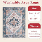 SERISSA 5x7 Boho Area Rug, Washable Large Rugs for Living Room, Ultra Soft Non-Slip Bedroom Rug Print Distressed Vintage Tribal Farmhouse Carpet Blue Orange Rug for Dining Room Dorm Office Home Decor